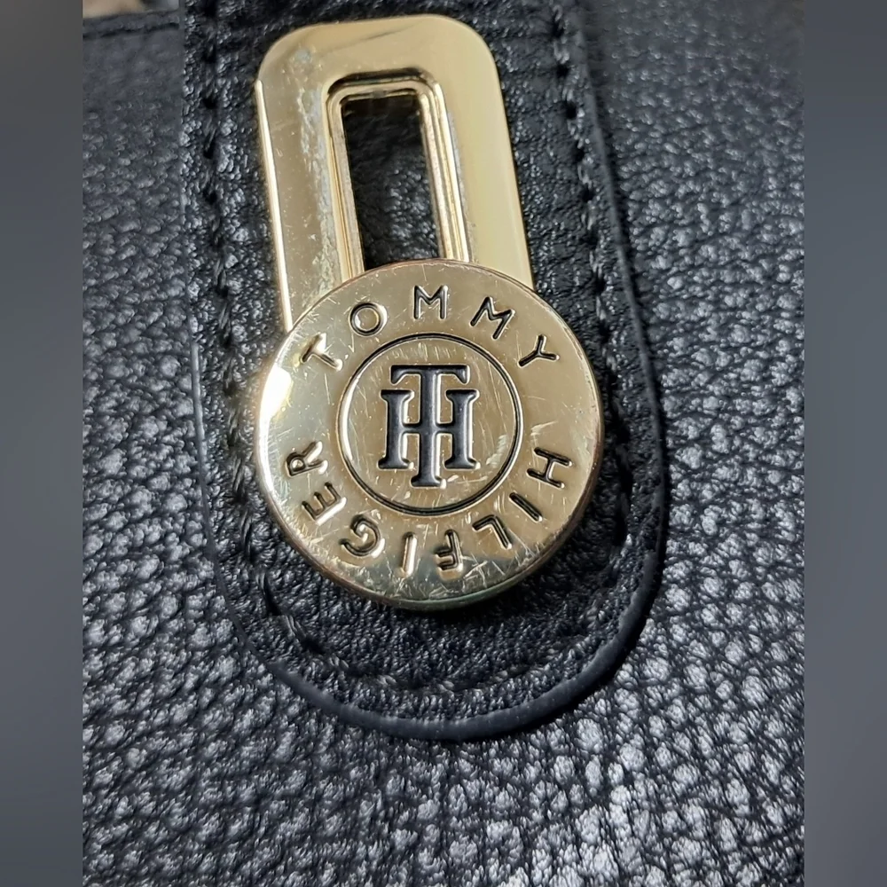Tommy Hilfiger Black Satchel Shoulder Crossbody Bag | Gold Monogram | Classic